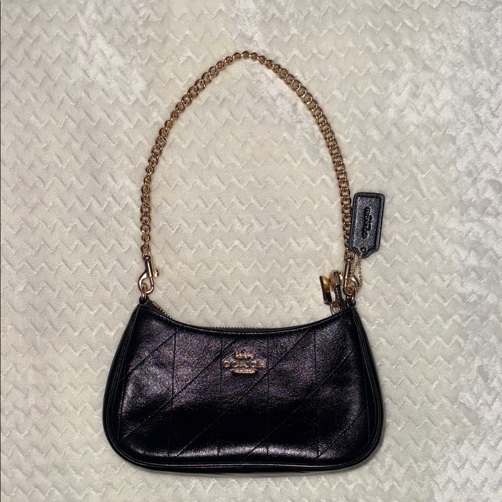 Coach Quilted Black Leather Shoulder Bag with Gold Chain